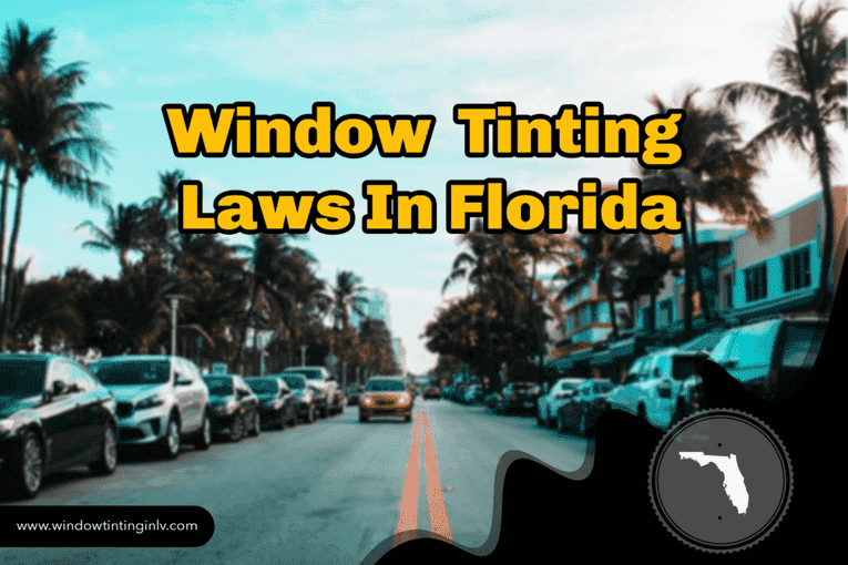 Window Tinting Las in Florida | A picture of cars parked across the street in Florida with Palm trees on the sidewalks, and an icon map badge of Florida 